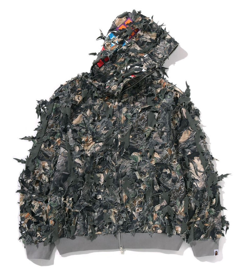 A BATHING APE TREE EDGE CAMO LASER CUT CROPPED SHARK FULL ZIP HOODIE