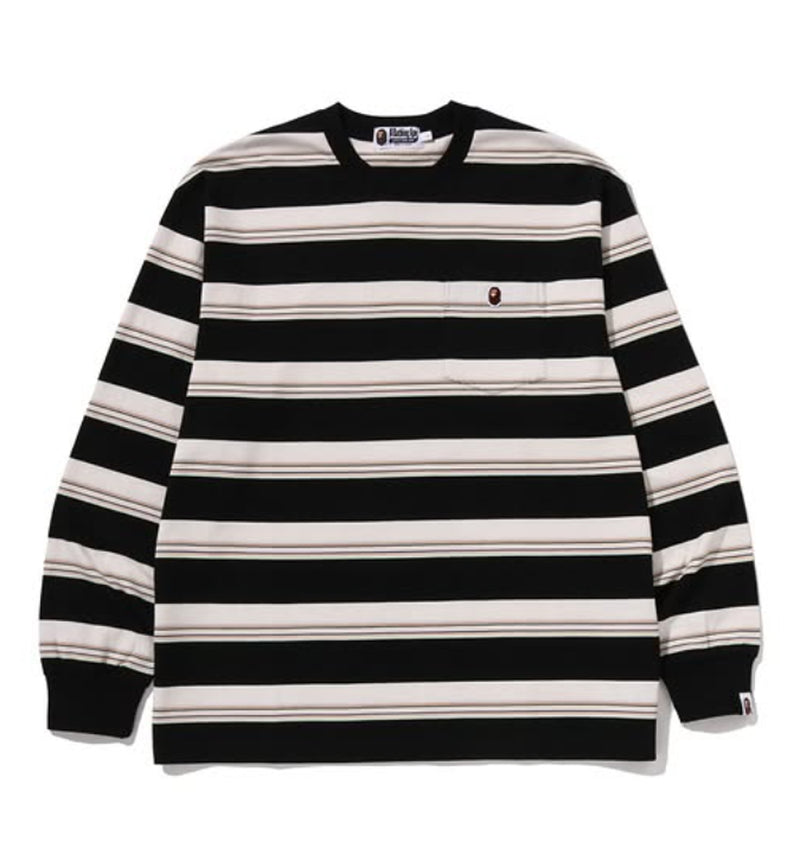 A BATHING APE STRIPE ONE POINT RELAXED FIT POCKET L/S TEE