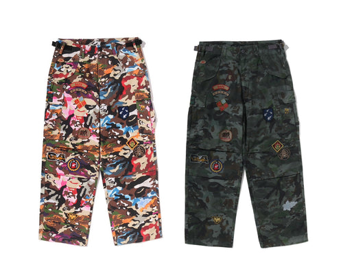 A BATHING APE HYBRID CAMO MULTI BADGE CARGO PANTS