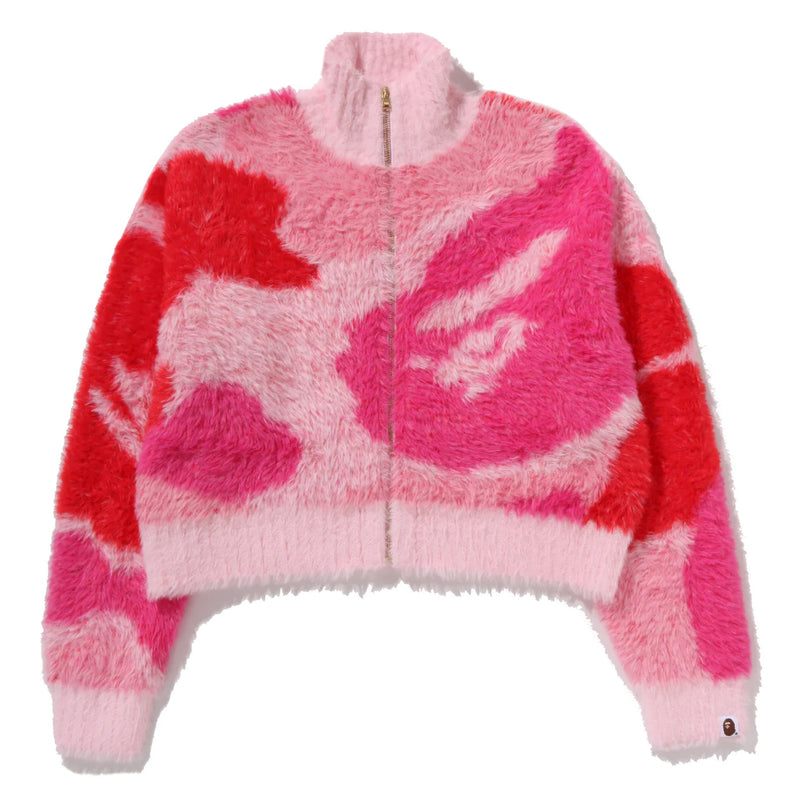 A BATHING APE Ladies' MEGA ABC CAMO LONG FUR MOCKNECK CROPPED ZIP CARDIGAN