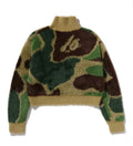 A BATHING APE Ladies' MEGA ABC CAMO LONG FUR MOCKNECK CROPPED ZIP CARDIGAN