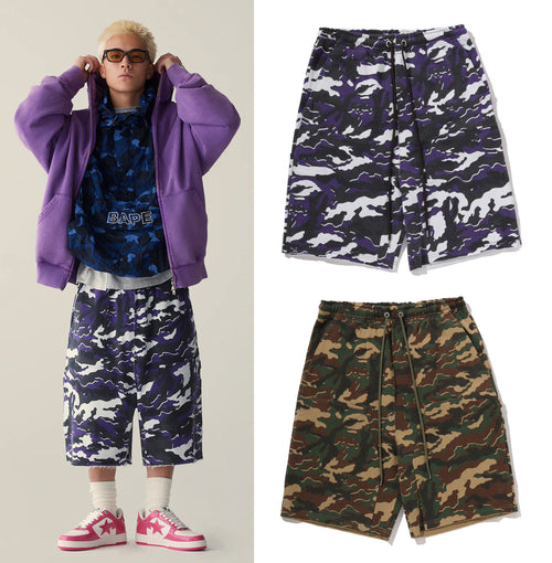 A BATHING APE GLITCH WOODLAND CAMO DOUBLE KNEE RELAXED FIT SWEAT SHORTS