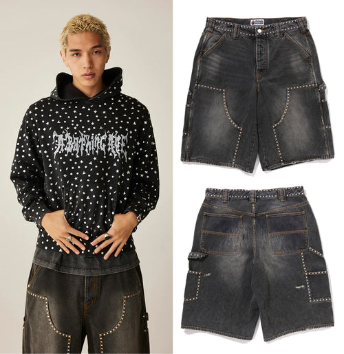 A BATHING APE STUDDED HEAVY WASH RELAXED FIT 13oz DENIM SHORTS
