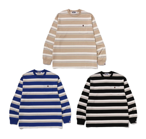 A BATHING APE STRIPE ONE POINT RELAXED FIT POCKET L/S TEE