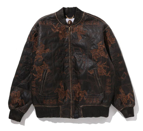 A BATHING APE MULTI LOGO QUILTED LEATHER BOMBER JACKET