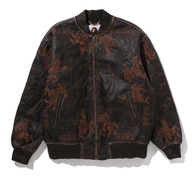 A BATHING APE MULTI LOGO QUILTED LEATHER BOMBER JACKET