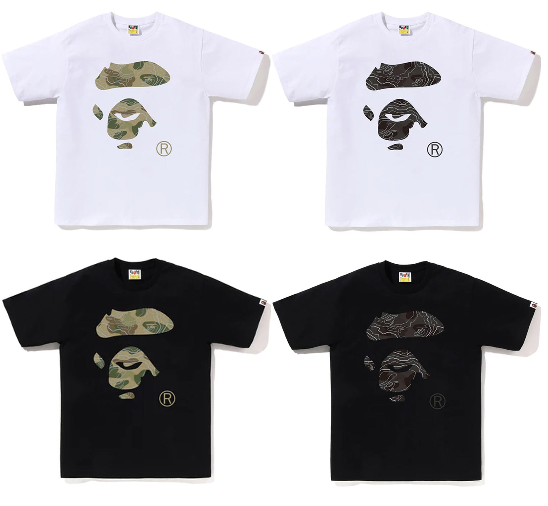 A BATHING APE LAYERED LINE CAMO APE FACE TEE