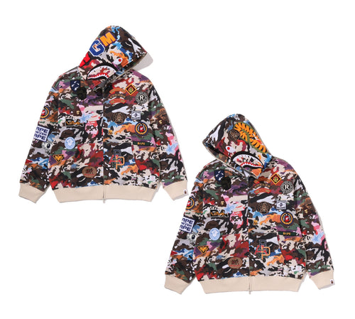 A BATHING APE HYBRID CAMO MULTI BADGE SHARK RELAXED FIT FULL ZIP HOODIE