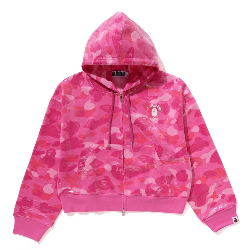 A BATHING APE Ladies' COLOR CAMO APE HEAD SEQUIN CROPPED FULL ZIP HOODIE