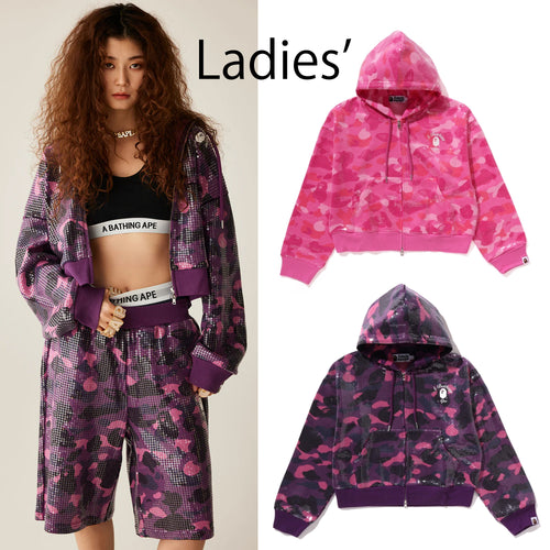A BATHING APE Ladies' COLOR CAMO APE HEAD SEQUIN CROPPED FULL ZIP HOODIE