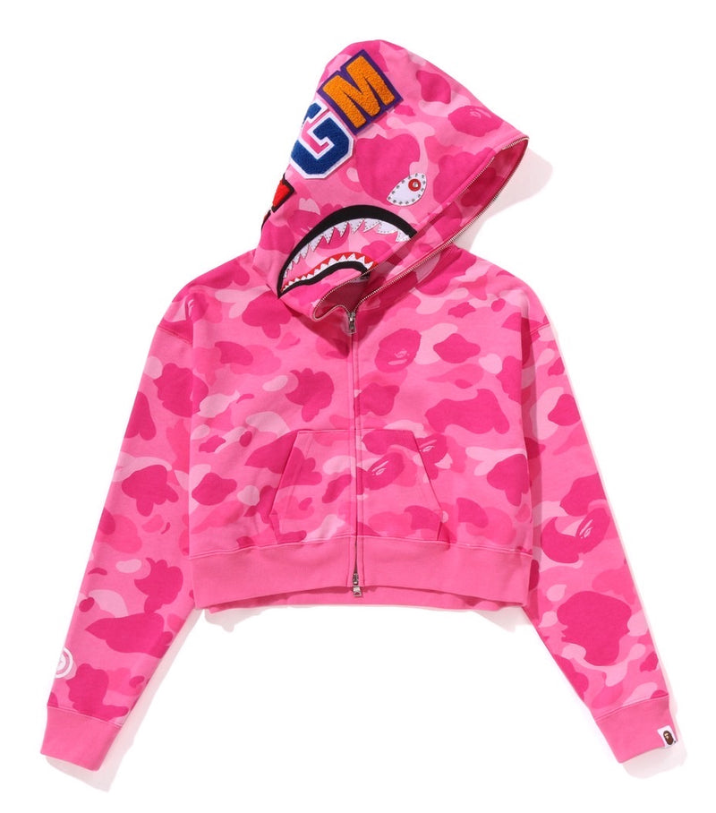 A BATHING APE Ladies' COLOR CAMO CRYSTAL STONE SHARK CROPPED FULL ZIP HOODIE