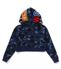 A BATHING APE Ladies' COLOR CAMO CRYSTAL STONE SHARK CROPPED FULL ZIP HOODIE