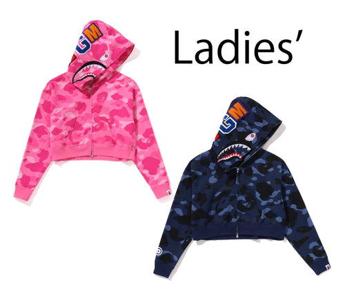 A BATHING APE Ladies' COLOR CAMO CRYSTAL STONE SHARK CROPPED FULL ZIP HOODIE