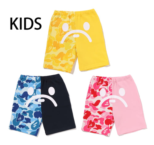 A BATHING APE BAPE KIDS ABC CAMO MILO FACE SWEAT SHORTS