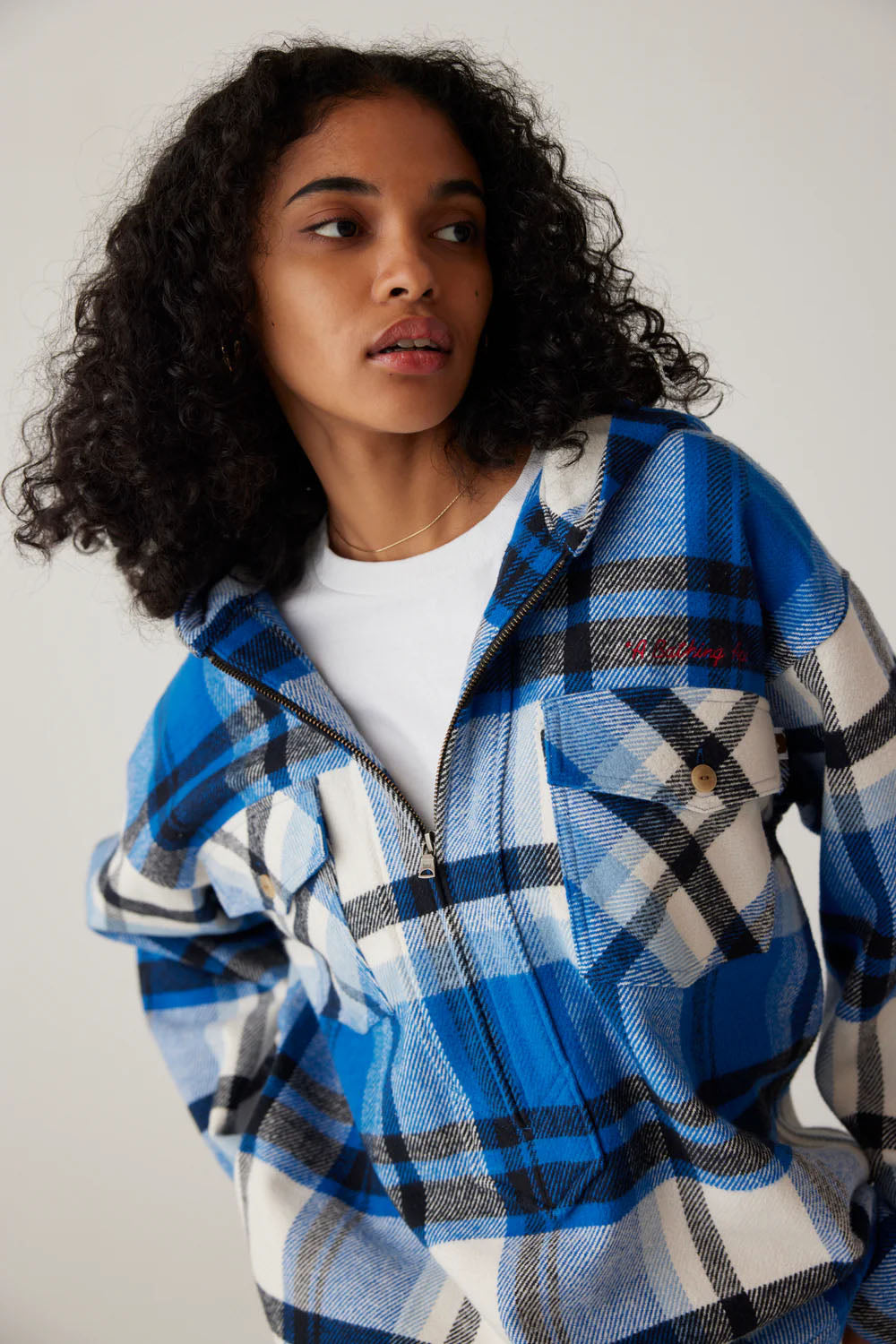 A BATHING APE Ladies' BAPE CHECK HALF ZIP HOODIE SHIRT