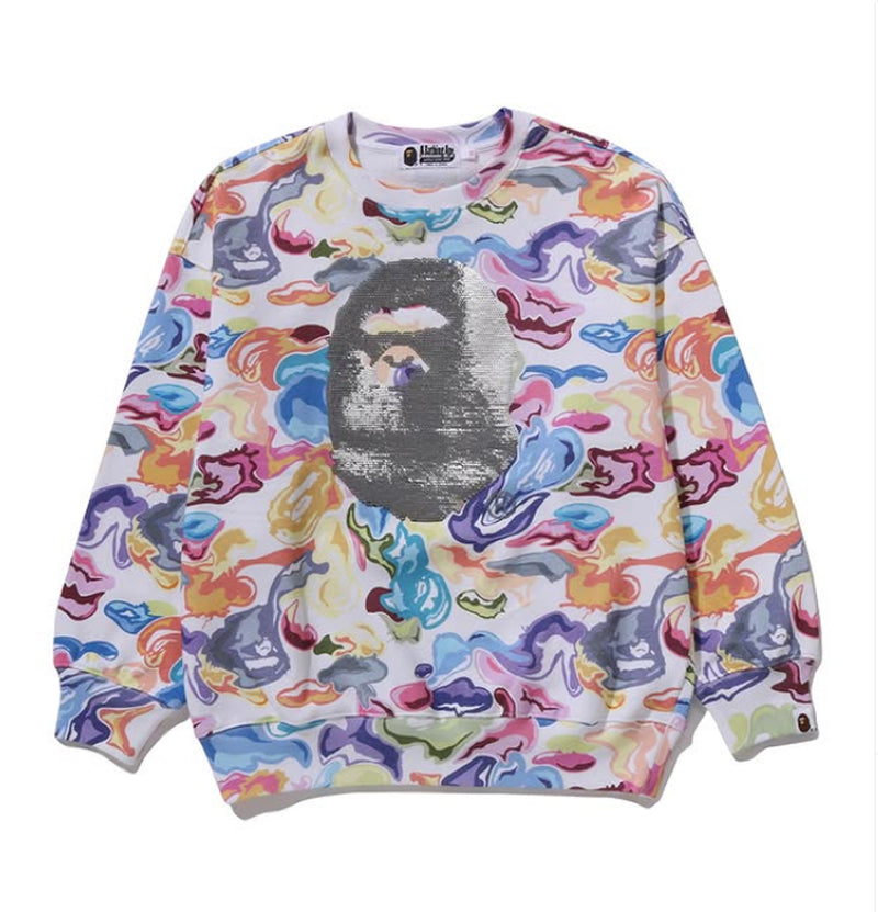 A BATHING APE Ladies' ART CAMO APE HEAD RELAXED FIT CREWNECK SWEAT SHIRT