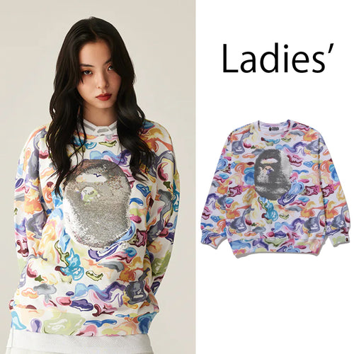 A BATHING APE Ladies' ART CAMO APE HEAD RELAXED FIT CREWNECK SWEAT SHIRT