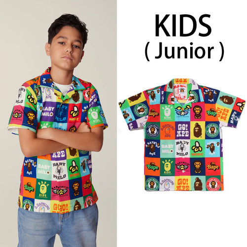 A BATHING APE BAPE KIDS / JUNIOR BABY MILO PATCHWORK OPEN COLLAR SHIRT