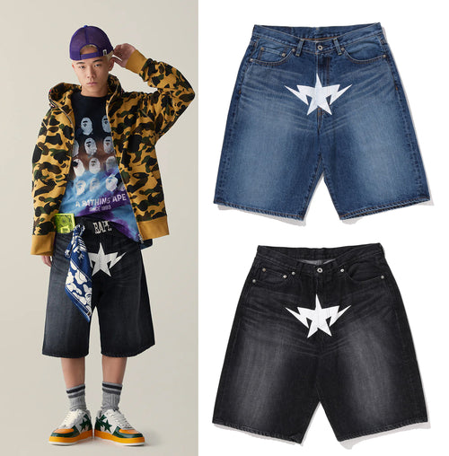 A BATHING APE TWIN STA RELAXED FIT DENIM SHORTS