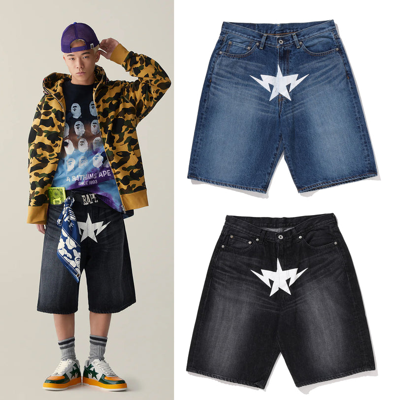 A BATHING APE TWIN STA RELAXED FIT DENIM SHORTS