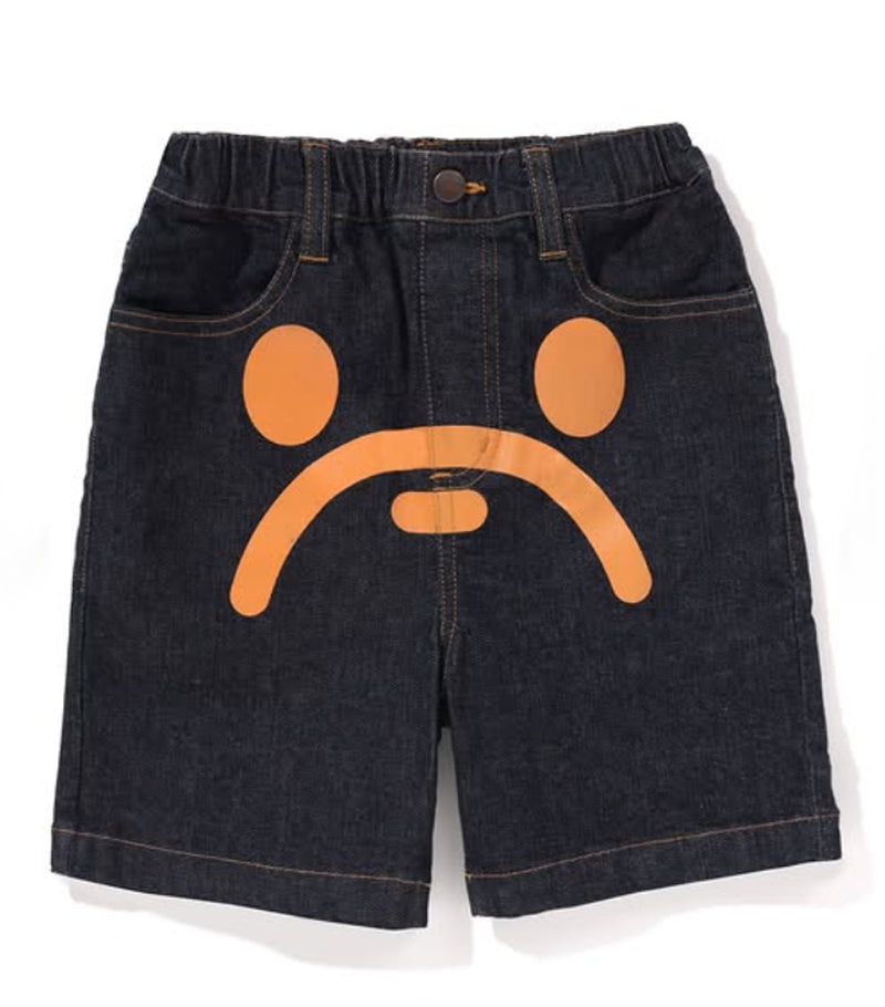 A BATHING APE BAPE KIDS MILO FACE 10 OZ STRETCH DENIM SHORTS