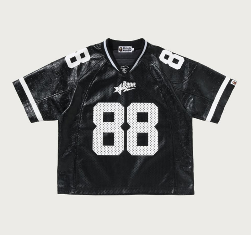 A BATHING APE PU LEATHER CROPPED FIT FOOTBALL JERSEY