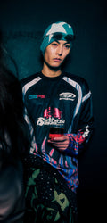 A BATHING APE FLAME PATTERN MULTI LOGO RELAXED FIT FOOTBALL JERSEY