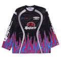 A BATHING APE FLAME PATTERN MULTI LOGO RELAXED FIT FOOTBALL JERSEY