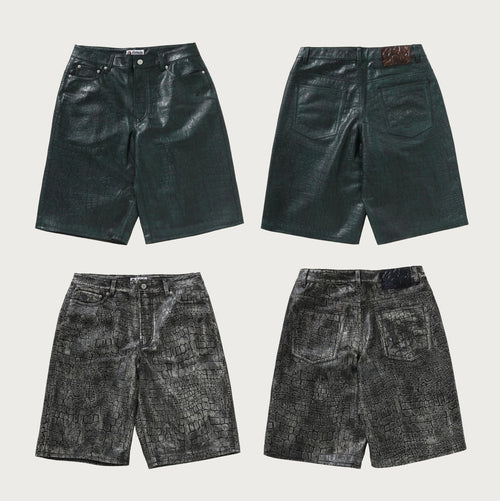 A BATHING APE CROC PATTERN LEATHER KNEE LENGTH PANTS