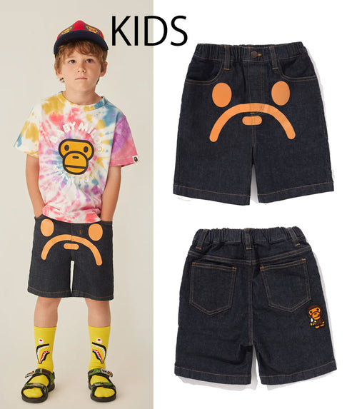 A BATHING APE BAPE KIDS MILO FACE 10 OZ STRETCH DENIM SHORTS