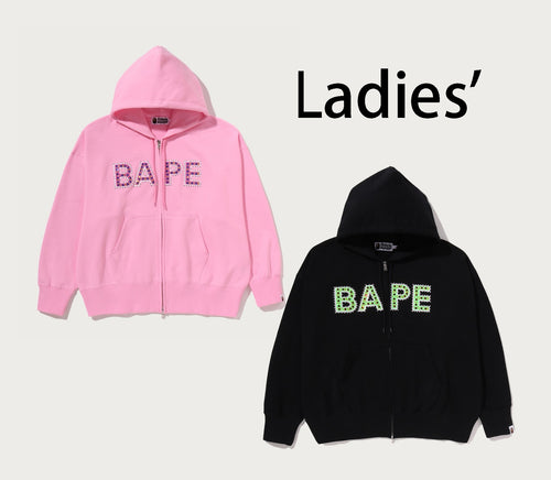 A BATHING APE Ladies' BAPE LOGO CRYSTAL STONES OVERSIZED ZIP HOODIE