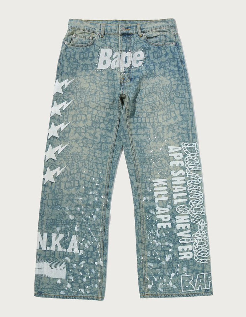 A BATHING APE MULTI LOGO DENIM FLARED PANTS