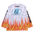 A BATHING APE FLAME PATTERN MULTI LOGO RELAXED FIT FOOTBALL JERSEY