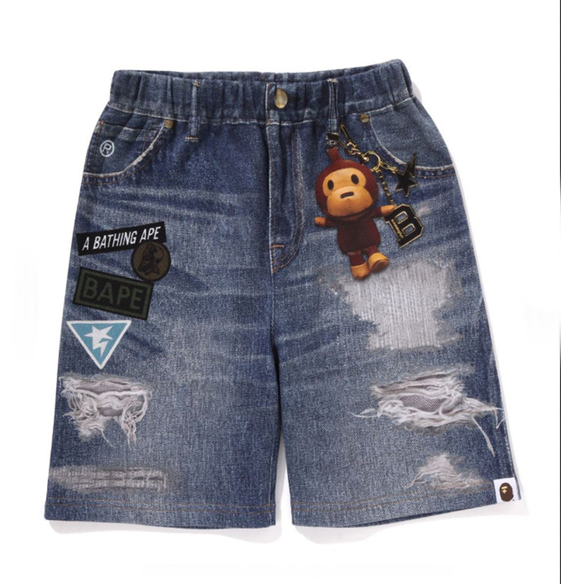 A BATHING APE BAPE KIDS BAPE DENIM PRINT SWEAT SHORTS