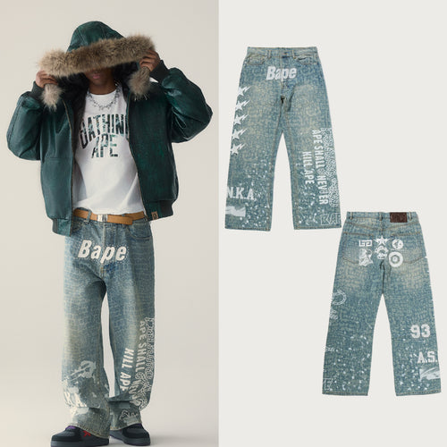 A BATHING APE MULTI LOGO DENIM FLARED PANTS