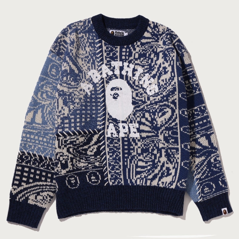 A BATHING APE PAISLEY PATTERN COLLEGE KNIT CREWNECK SWEATSHIRT