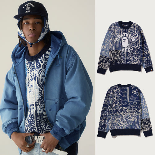 A BATHING APE PAISLEY PATTERN COLLEGE KNIT CREWNECK SWEATSHIRT
