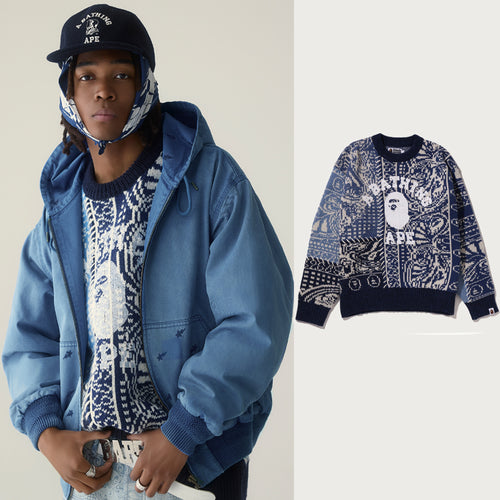 A BATHING APE PAISLEY PATTERN COLLEGE KNIT CREWNECK SWEATSHIRT