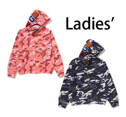A BATHING APE Ladies' GLITCH WOODLAND CAMO SHARK FULL ZIP HOODIE