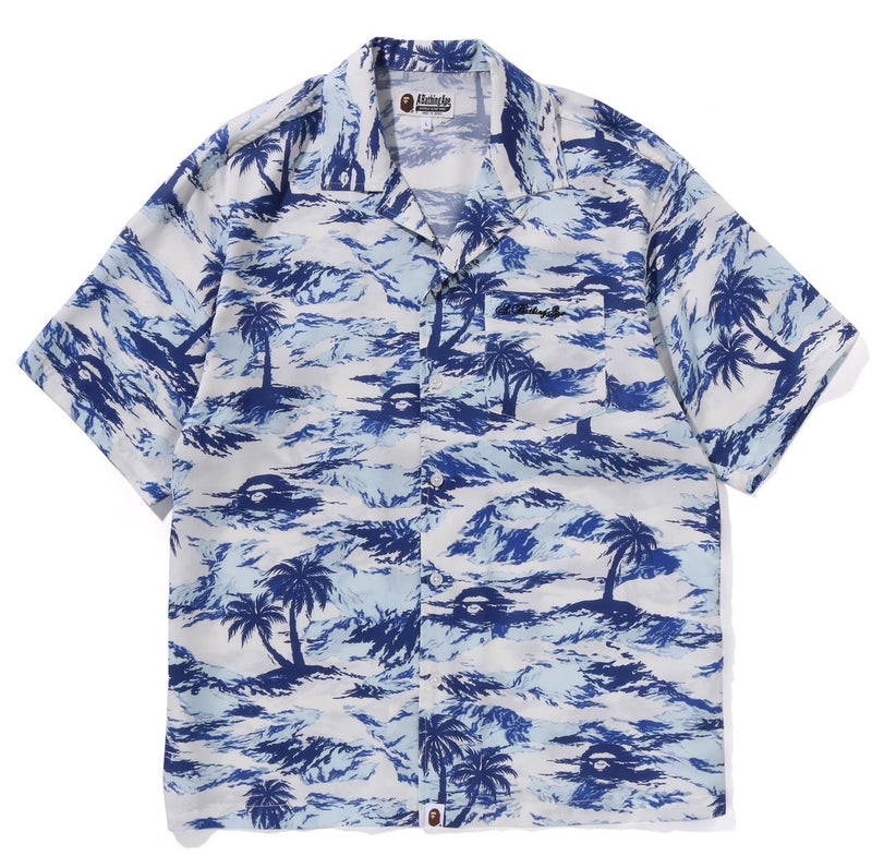 A BATHING APE PLAM TREE CAMO OPEN COLLAR POCKET SS SHIRT