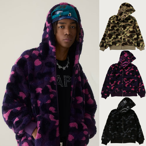 A BATHING APE COLOR CAMO SHARK BOA CROPPED FIT ZIP HOODIE