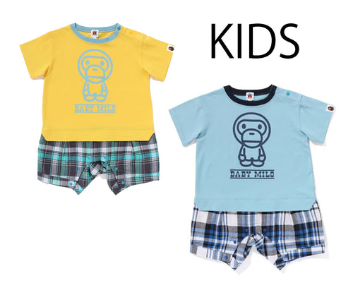 A BATHING APE BAPE KIDS BABY MILO CHECK SHORTS LAYERED ROMPERS