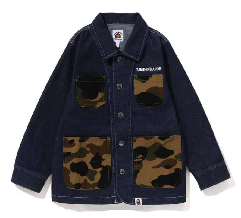 A BATHING APE BAPE KIDS 1ST CAMO POCKET DENIM COVERALL JACKET ( KIDS & JUNIOR )