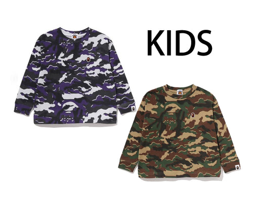 A BATHING APE BAPE KIDS GLITCH WOODLAND CAMO ONE POINT RELAXED FIT L/S TEE