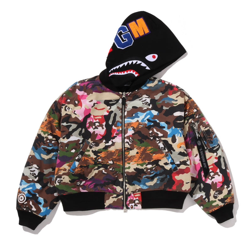 A BATHING APE Ladies' HYBRID CAMO HOODED CROPPED SHARK MA-1 JACKET