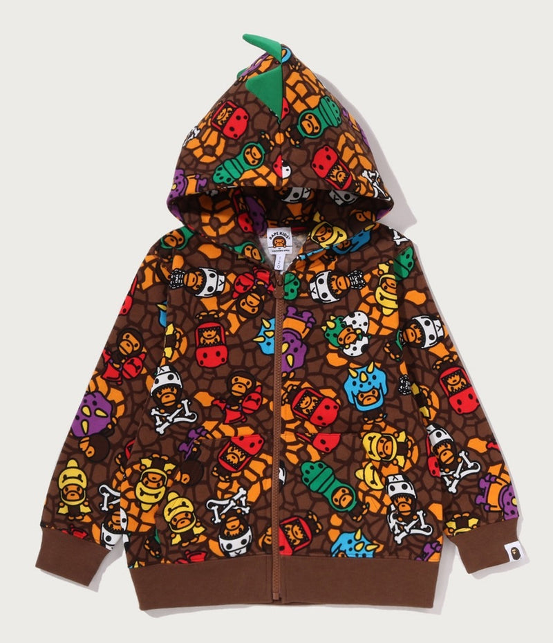 A BATHING APE BAPE KIDS MILO MULTI DINOSAURS PATTERN ZIP HOODIE