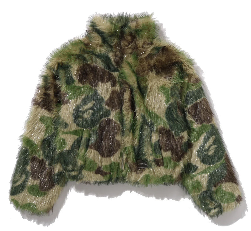 A BATHING APE Ladies' ABC CAMO ONE POINT METALLIC LONG FUR JACQUARD DOWN JACKET