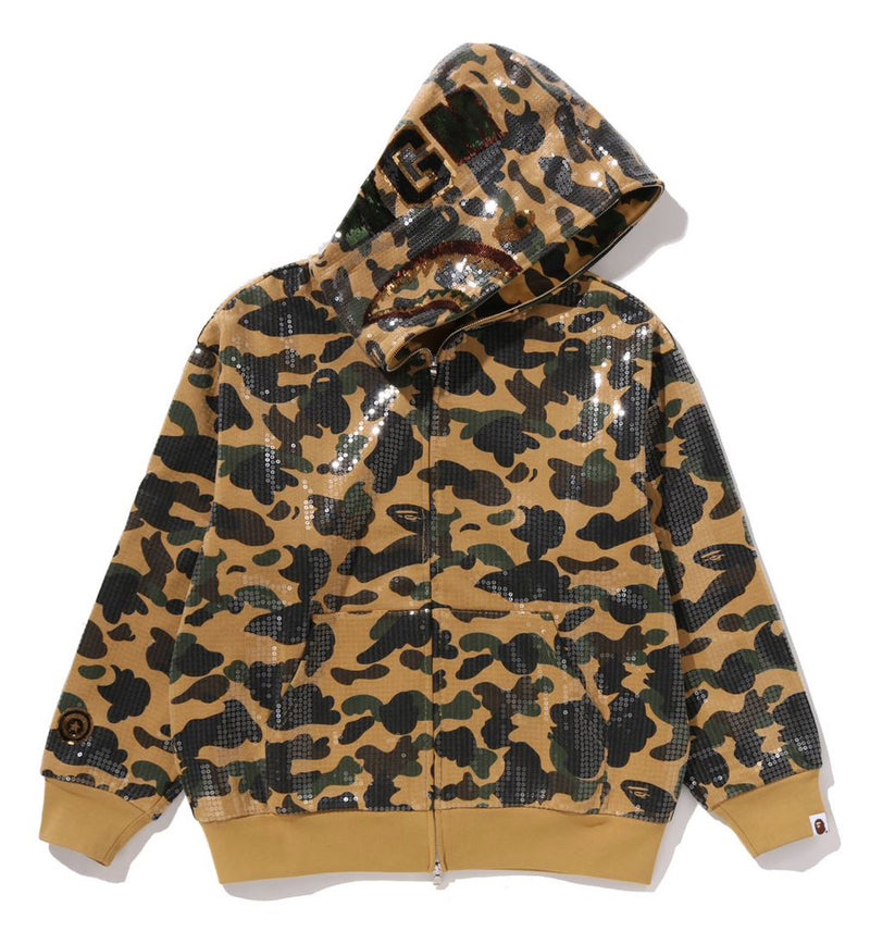 A BATHING APE 1ST CAMO SEQUIN SHARK RELAXED FIT FULL ZIP HOODIE