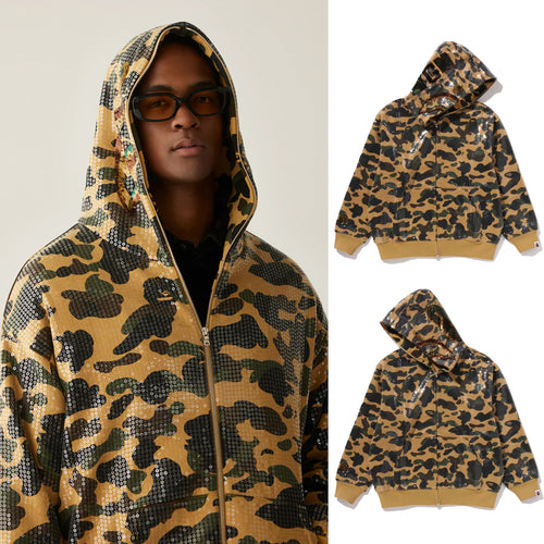 A BATHING APE 1ST CAMO SEQUIN SHARK RELAXED FIT FULL ZIP HOODIE