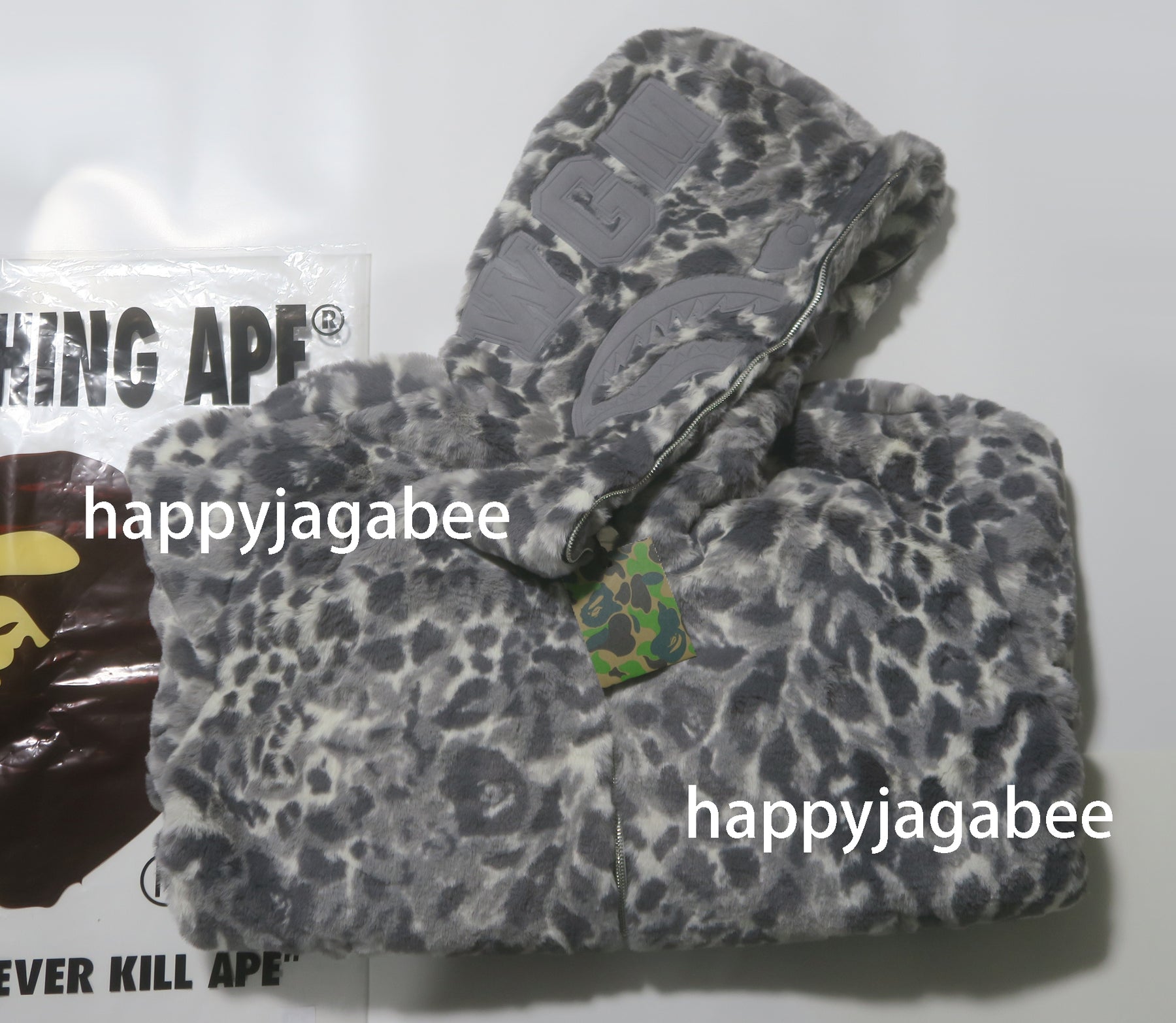 A BATHING APE WILD LEOPARD PATTERN FAUX FUR SHARK FULL ZIP JACKET